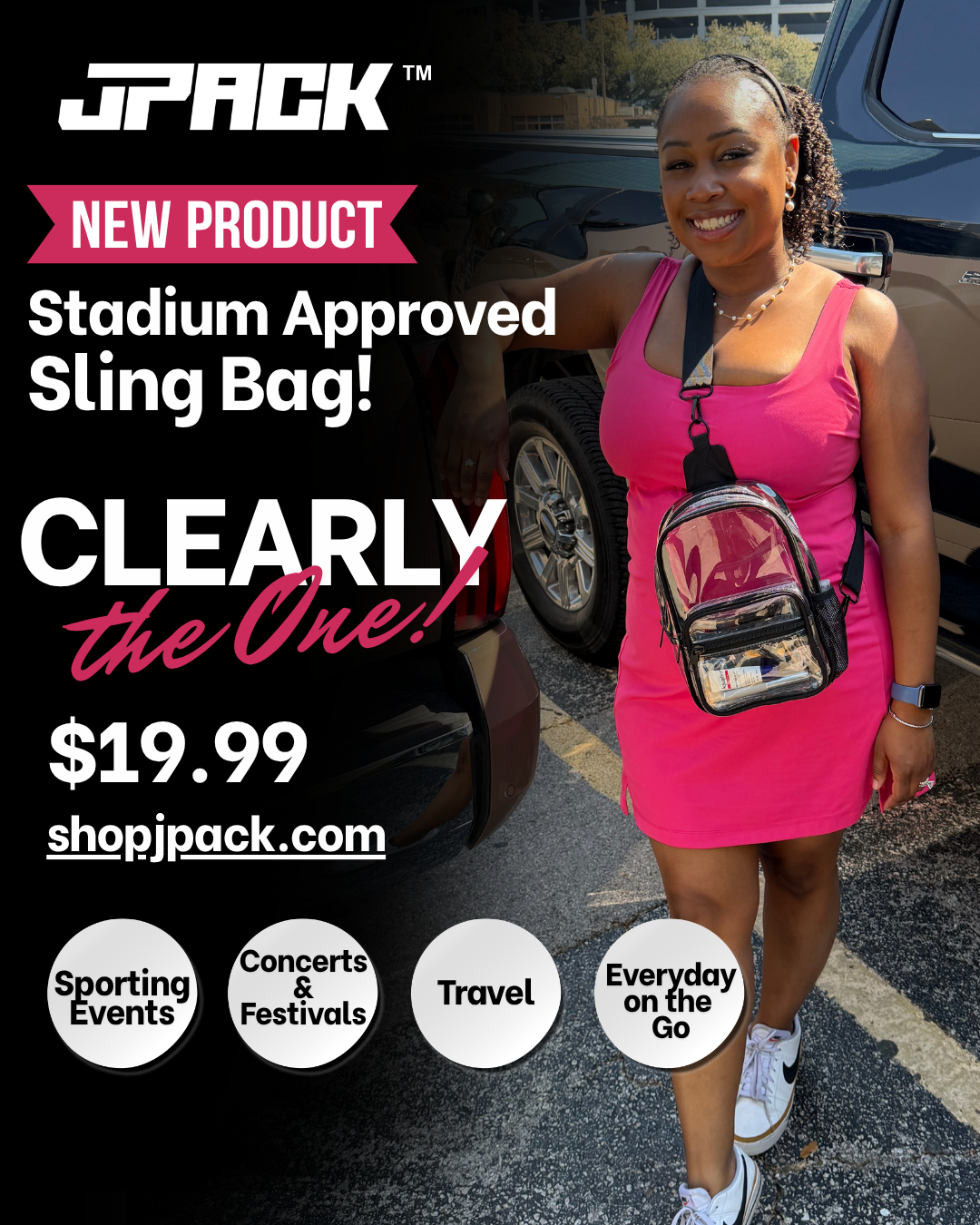 JPACK Clear Sling Bag – Stadium Approved Transparent Crossbody for Concerts, Festivals, Travel & Work